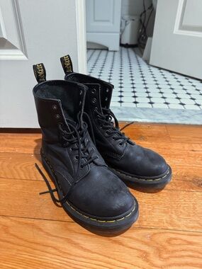 Dr. Martens Black Leather Combat Boots with Yellow Stitching